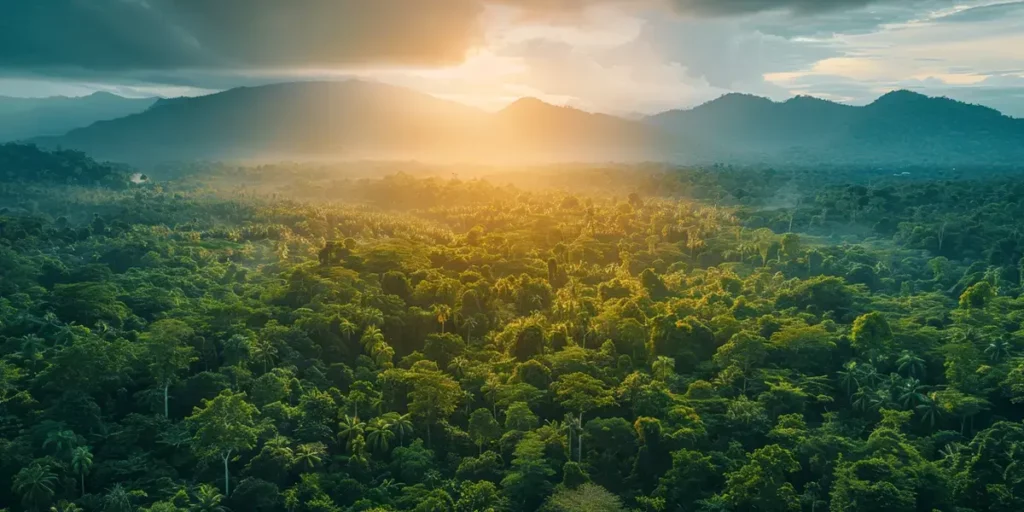 Forest with mountains and sunset