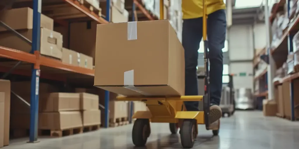 Person moving a box with a pallet cart in a warehouse