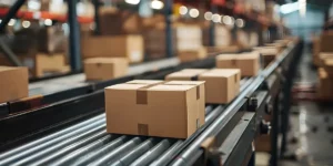 Packages on conveyor belt in warehouse fulfillment center