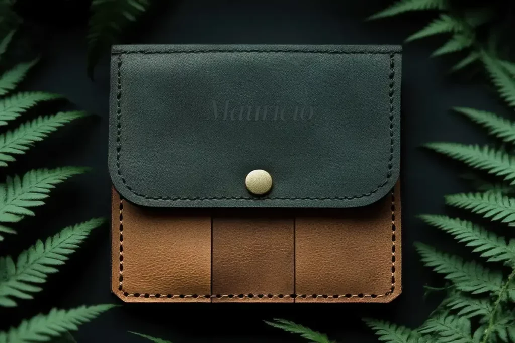 Personalized leather wallet laying in green leaves