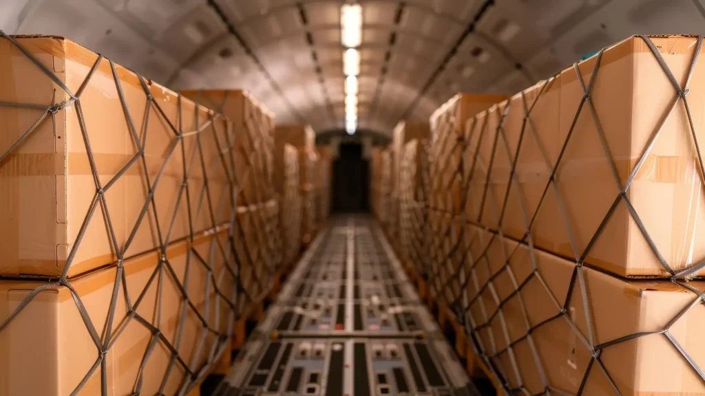 A lot of boxes inside an aircraft