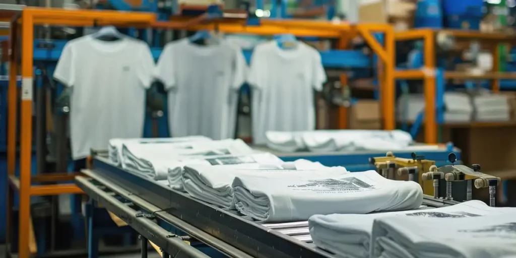 White t-shirts moving down an assembly line, shirts hanging in background