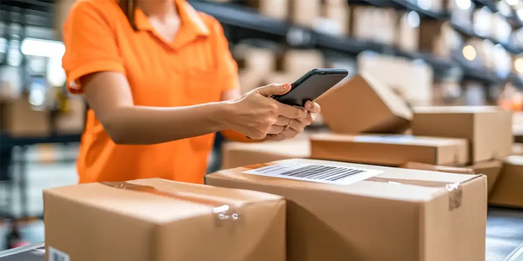 Woman in an orange shirt scanning a label on a box in a warehouse.