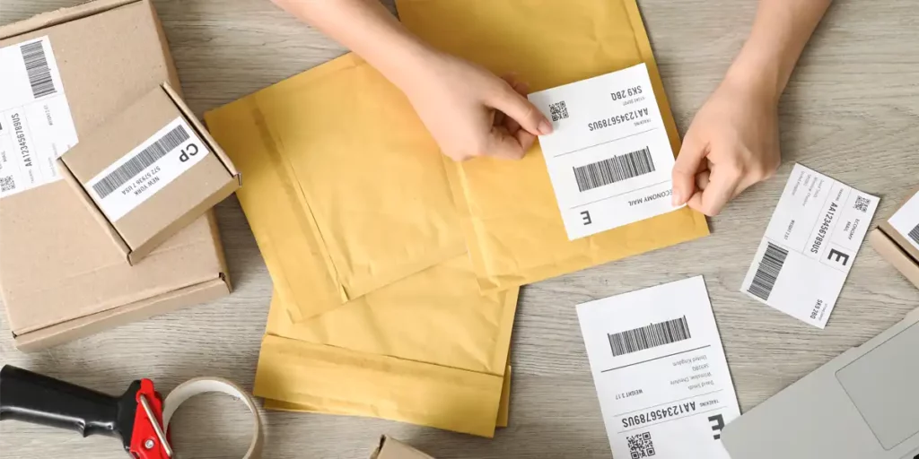 Person sticking shipping labels to packages, top view