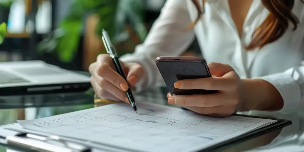 Business woman checking planner taking note on calendar desk on office table.