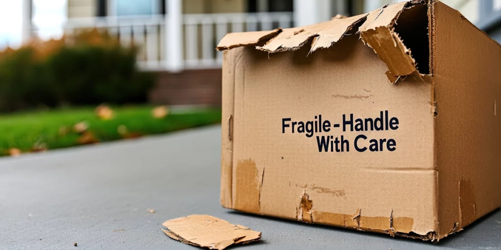 destroyed cardboard box with "Fragile-Handle With Care" sticker sitting on driveway of a house