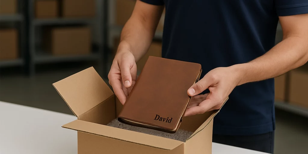 Man placing a personalized leather journal into a box in a warehouse.