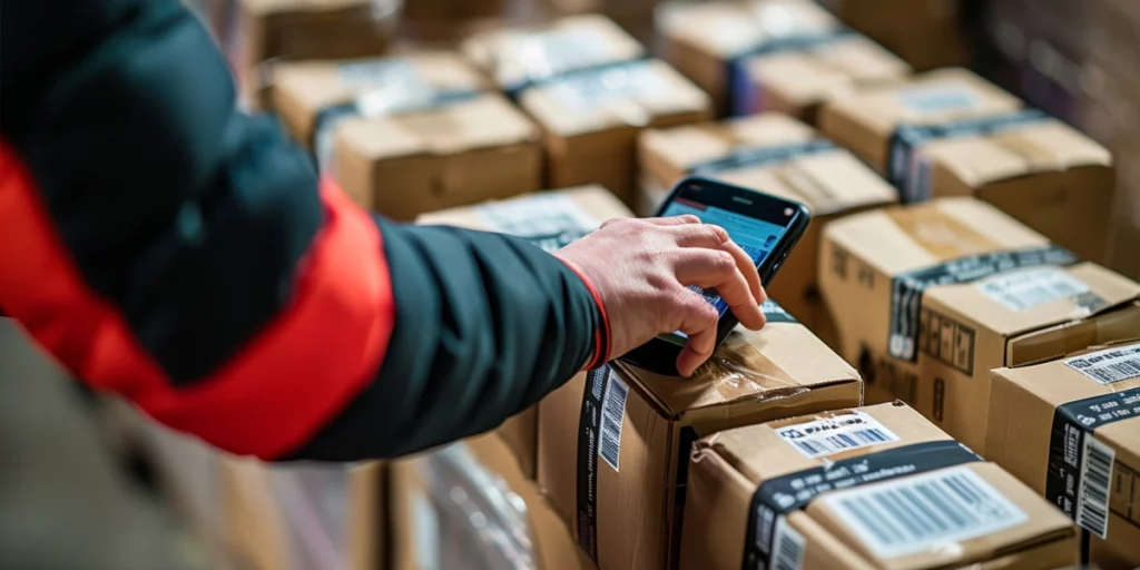 A Warehouse Worker Scans Barcodes on Cardboard Boxes With a Smartphone