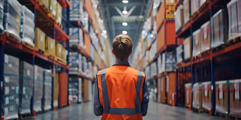 Female warehouse worker standing in an aisle, looking up at the many racks of inventory.
