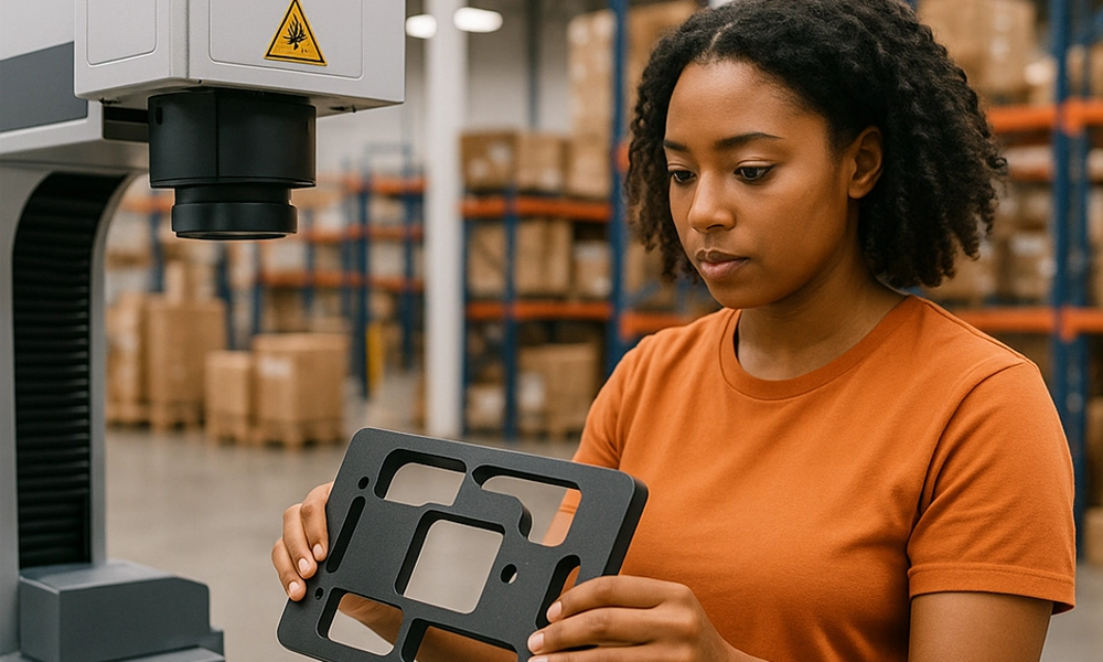 Female warehouse worker holding a jig in front of a laser engraving machine.