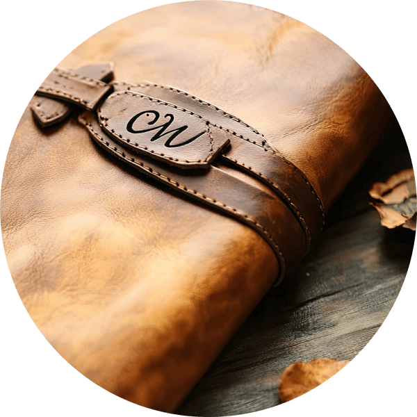 Leather journal, engraved with the initials "CW"