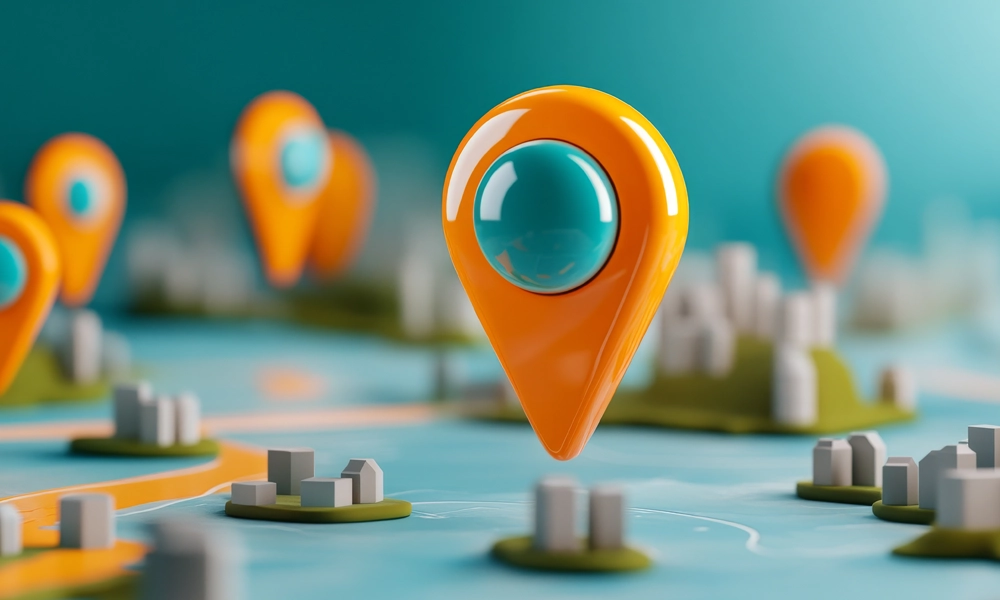 Brown shipping boxes scattered around a map with locator arrows above each one, representing selecting an ideal location