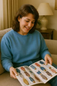 90's mom looking through a clothing catalog