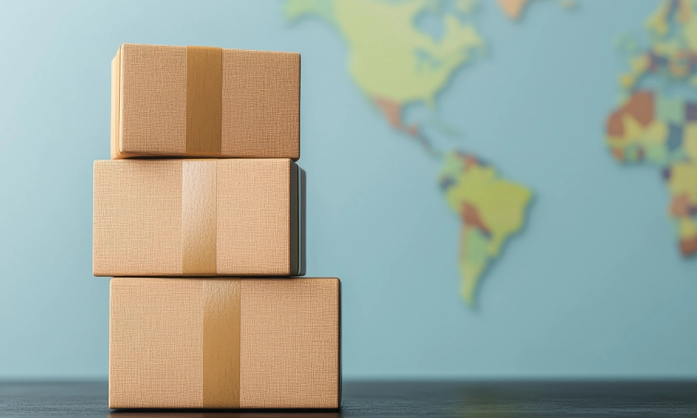 3 ecommerce packages stacked on a table in front of a world map