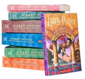 Stack of Harry Potter Books by J.K. Rowling.