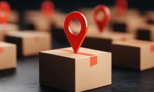 Packages spread out with orange location icons above them, representing packages in multiple locations. 
