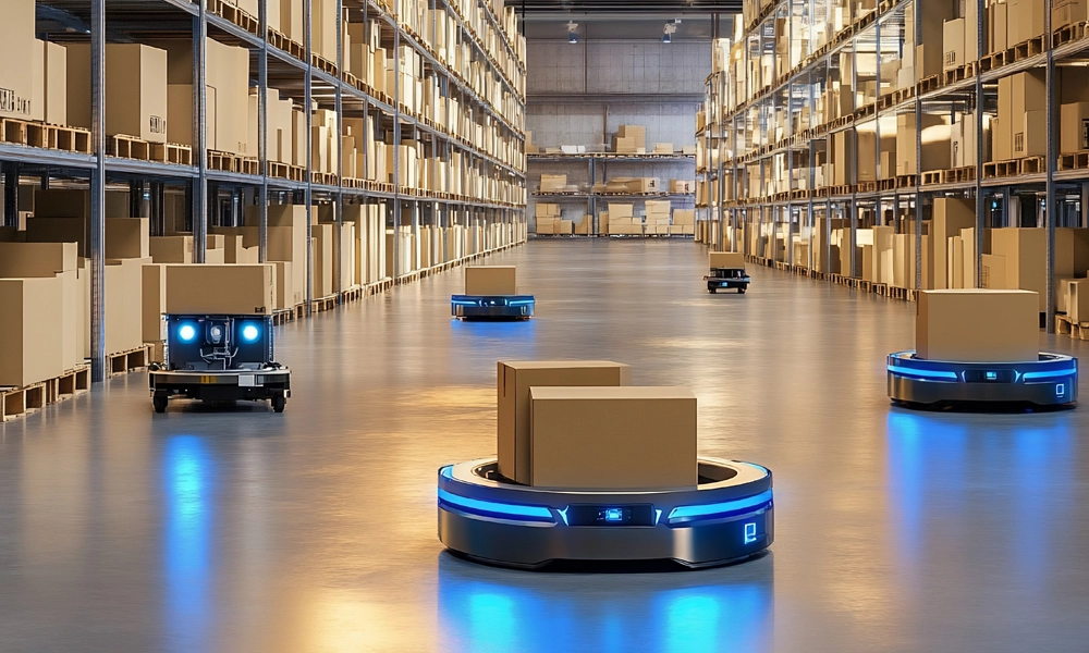 Mobile robots moving boxes in an aisle of a warehouse.