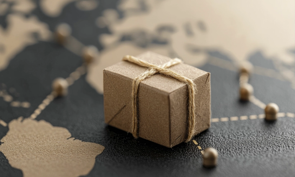 A brown parcel sitting on top of a world map, representing "A Guide for Global Sellers".