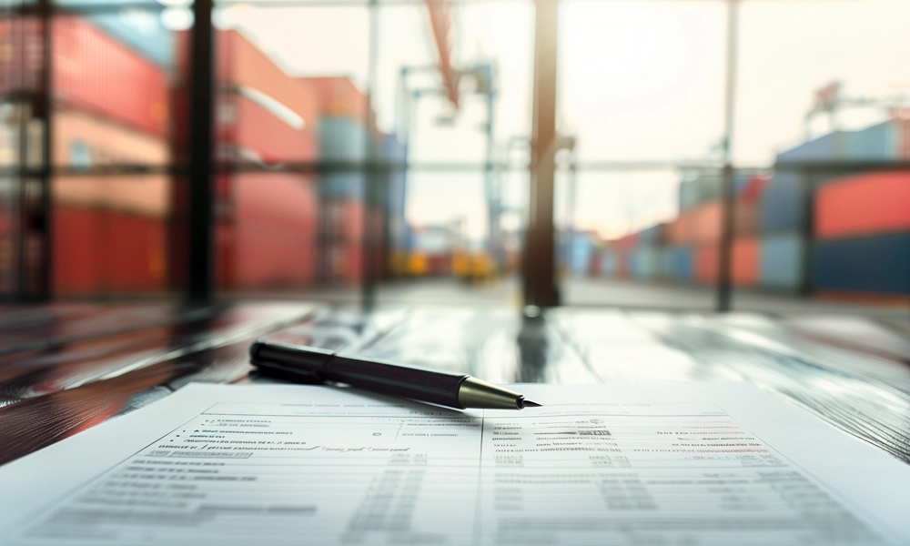 Tax paperwork and a pen setting on a deck, overlooking a shipping port.