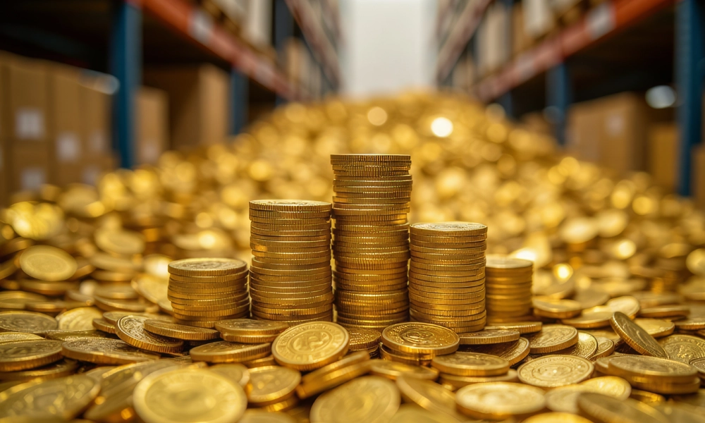 Stack of gold coins sitting in a warehouse
