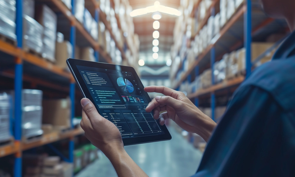 Woman holding a tablet in the aisle of a warehouse, looking at reports.