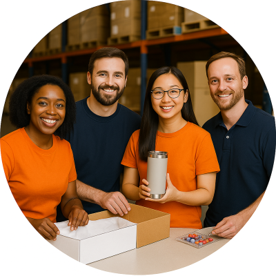Friendly OWD staff in a warehouse working on a kitting project.